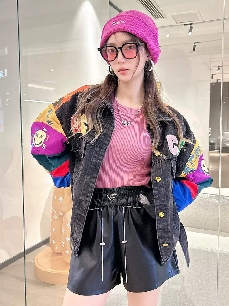 黑色牛仔外套女潮牌大码女装oversize宽松嘻哈风春秋新款百搭夹克