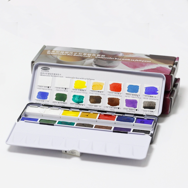 Basic color set Dominic solid handmade watercolor paint tin box 14 colors