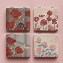 Illustration Rose Small Mirror Retro Makeup Mirror Portable Foldable Mirror Double-Sided Pattern Student Dormitory Desktop Mirror