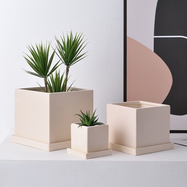 Square Nordic simple potted pottery pot ceramic plain-fired perforated flower pot succulent plant breathable clearance with tray