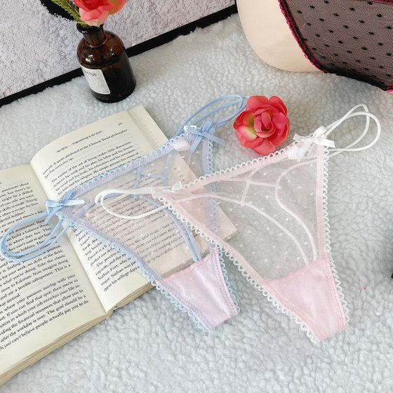 
New ultra-thin girly polka-dot mesh thong sexy and sweet transparent thin ribbon bow girls low-waist underwear