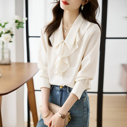 Elegant White Shirt with Ruffled Edges for Women, 2026 Spring New Stylish Long-Sleeve Chiffon Blouse, Unique Shirt