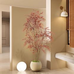 Artificial Green Plant of Nandina, Red High-End Light Luxury Indoor Living Room Large Potted Plant, Floor-Standing Ornament, Mid-Century Style Fake Plant