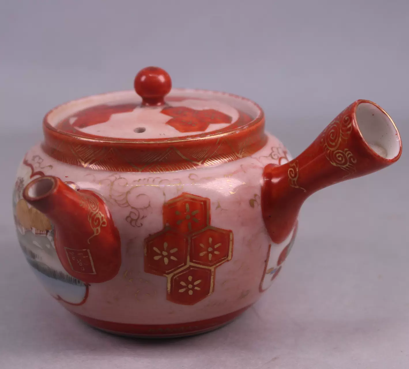 日本煎茶道具九谷烧赤绘明治期古物急须茶壶茶铫茶注手工进口茶器 