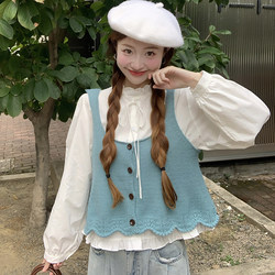 Girls' Shirts 2026 Spring New Style Korean Style Loose Puff Sleeve Shirt and Knitted Vest Set for Middle and High School Students