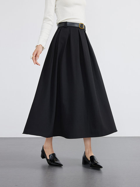 Aike black skirt for women 2025 spring commuter style pleated skirt high waist slim solid color mid-length A-line skirt
