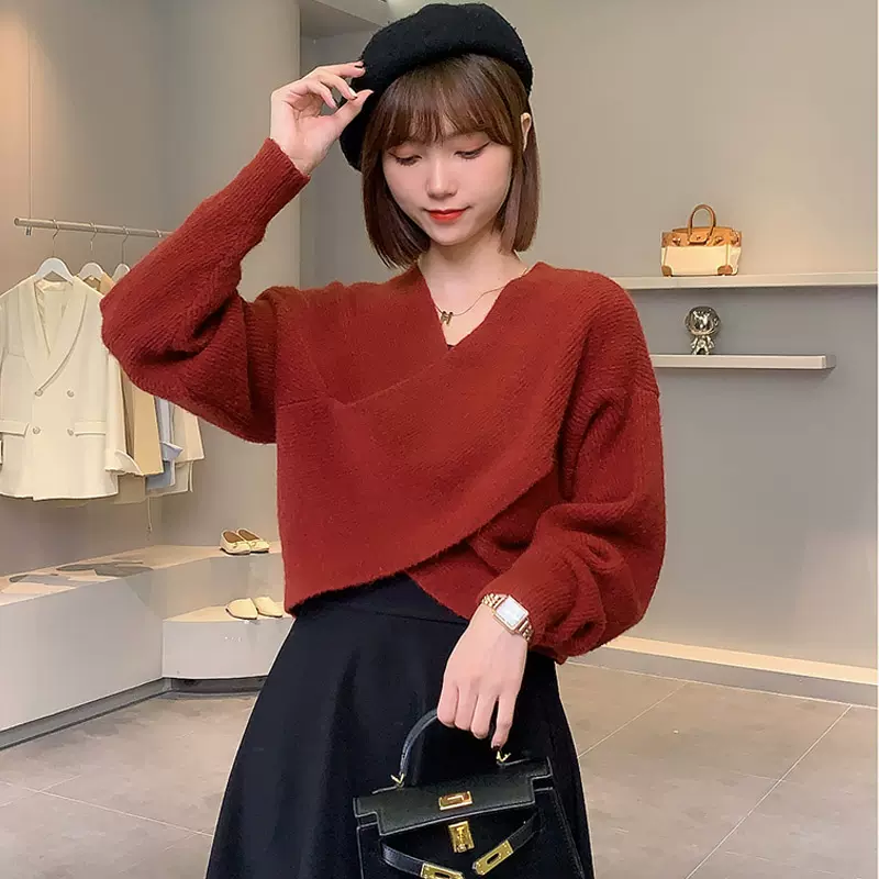 过年红色法式交叉v领过年毛衣新年服装女冬设计感别致小