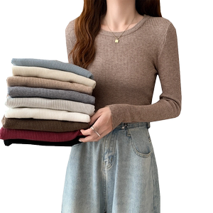 Autumn and winter 2026 new round neck slim fit long-sleeved bottoming sweater top thickened velvet inner sweater for women