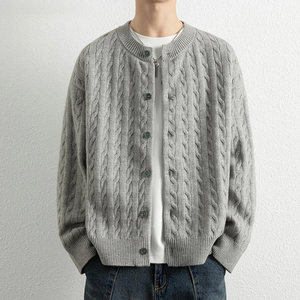 
High-end twisted cardigan sweater jacket men's cleanfit solid color versatile autumn baseball collar knitted top trendy