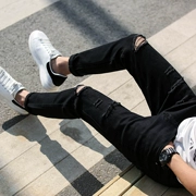 Quần jean nam mùa thu đông hợp thời trang quần rách đen cộng với quần dài nhung ôm vừa vặn bàn chân nhỏ phong cách Hàn Quốc trên mạng giảm béo nổi tiếng