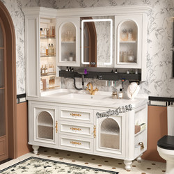 Oak French-Style Vintage Bathroom Cabinet Set, Floor-Standing Washbasin Cabinet, Smart Mirror Cabinet, Rock Slab
