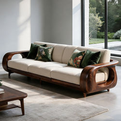 Medieval-Style Black Walnut Solid Wood Sofa, Three-Seater, Mortise and Tenon Structure, Off-White Cushions, Living Room Furniture