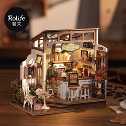 Ruolai Coffee Shop Diy Hut Handmade House Wooden Three-dimensional Assembled Model Villa Building Block Toy Gift Female