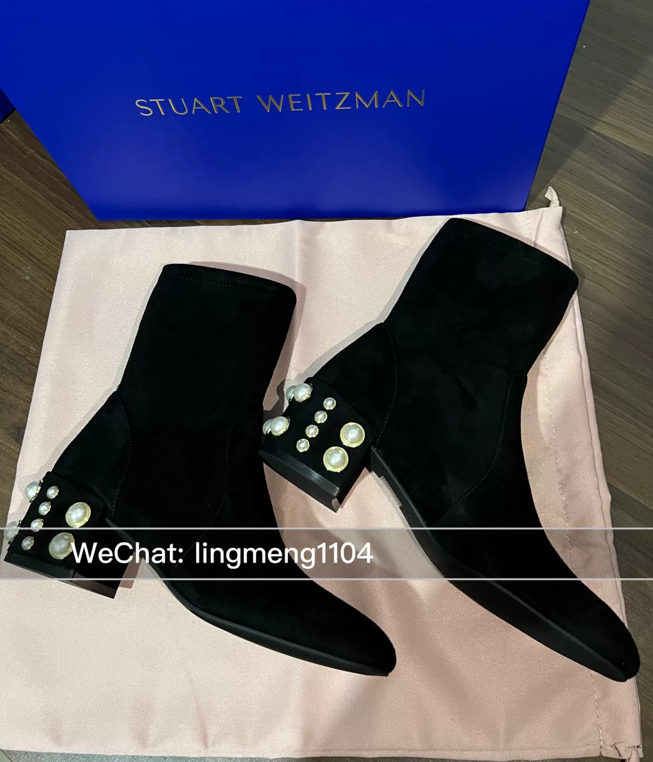 国现Stuart weitzman/sw odetta pearl麂皮珍珠袜靴高跟女士短靴-Taobao