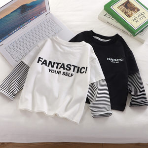 
Chinese and big children autumn sweatshirt fake two-piece T-shirt spring and autumn long-sleeved boy fashionable casual striped round neck autumn Korean version