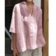 Large size women's clothing European and American style spring and summer new solid color V-neck loose simple literary casual short-sleeved shirt T-shirt top