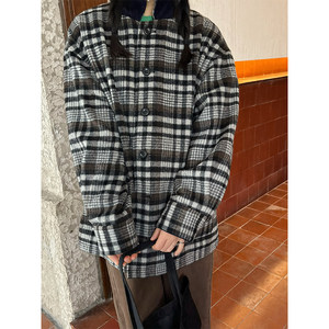 
Niche cousin black and white retro plaid wool coat for women in winter lapel Korean loose small jacket