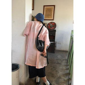 
Niche cousin, tender pink and sesame medieval shirt style simple dress mid-length