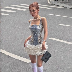 
Griffin girl, sweet and spicy style tie-dye sequin suspender dress for women, high-waisted spliced ​​cake puffy skirt