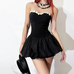 
Griffin girl Miu-style age-reducing bow spliced ​​strapless dress for women, high-waisted slim flower buds fluffy skirt