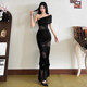 Weird girl abstinence-style deconstructed mesh splicing one-shoulder diagonal collar dress for women niche waist hot girl long skirt