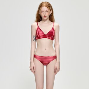 2025 new split sexy bikini small breasts gathered red striped beach swimsuit vacation style swimsuit women
