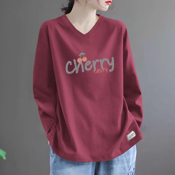 Foreign Trade Export 100% Pure Cotton Casual Printed Long-Sleeve Top with Sweetheart Neckline, Tummy-Covering, Age-Reducing, Plus-Size, Slimming Women's T-Shirt