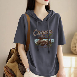 Brand Export Pure Cotton Plus-Size Hooded Age-Reducing Gray Short-Sleeve Top for Women, Fashionable High-End Stylish T-Shirt Trend