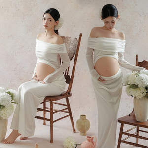 
Photo studio new maternity photography clothing high-end off-shoulder long-sleeved white fashion gentle artistic photography clothing