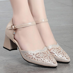 
High heel genuine leather shoes for women's sandals for summer new style mesh women's shoes thick heels toe hollow fashion shoes