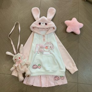 
Blurredbear original Japanese cute pink bunny contrasting furry plus velvet thickened hooded sweatshirt for women