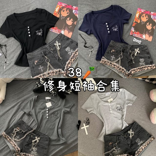 Confused bear Japanese style cute v-neck slim hot girl summer short-sleeved subculture kitten embroidered cute T-shirt for women