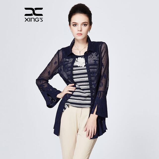 Xing's women's clothing Spring and Autumn mesh flare sleeve lapel shirt Large size knitted shirt Women's long sleeve mid-length top