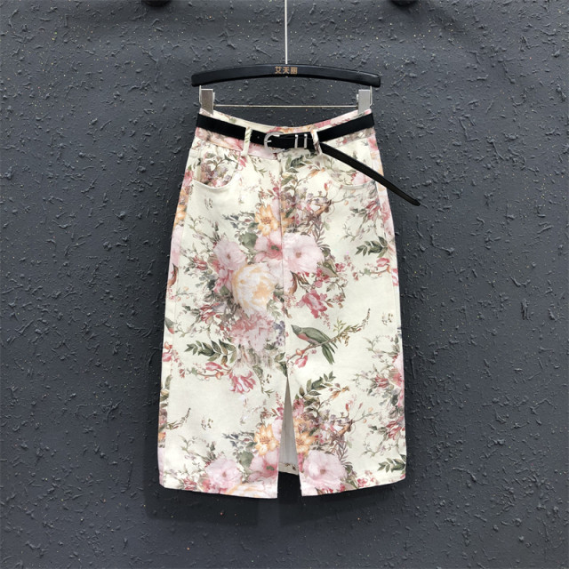 
Chinese style slit elegant Hong Kong style skirt for women 2025 summer new printed high waist mid-length hip jeans skirt