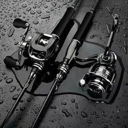 Lure Rod Complete Set for Long-Distance Casting, Sea Fishing Rod, Black Carbon Fiber Water Drop Reel, Straight Handle Spinning Reel, Fishing Bare Rod Set