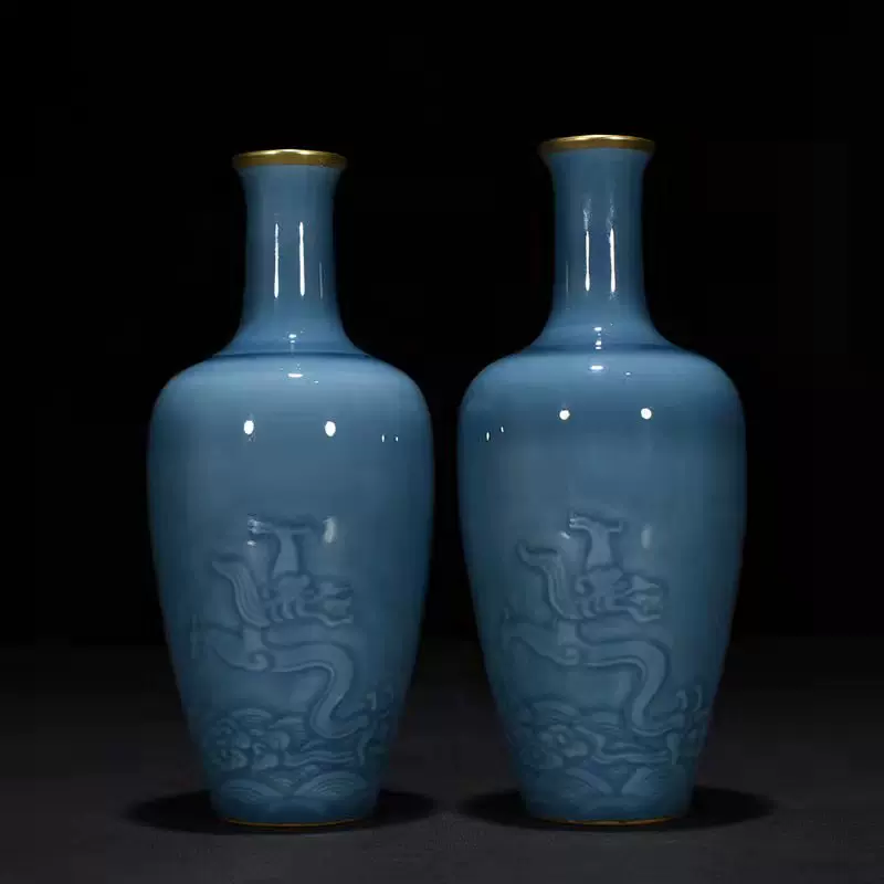 清雍正天蓝釉描金雕刻螭龙纹莱菔瓶0316 古玩古董瓷器老货旧货-Taobao
