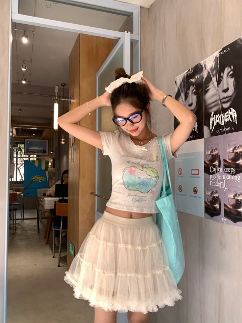 CCKOK Creamy apricot puffy gauze skirt short skirt summer age-reducing versatile pure a-line skirt
