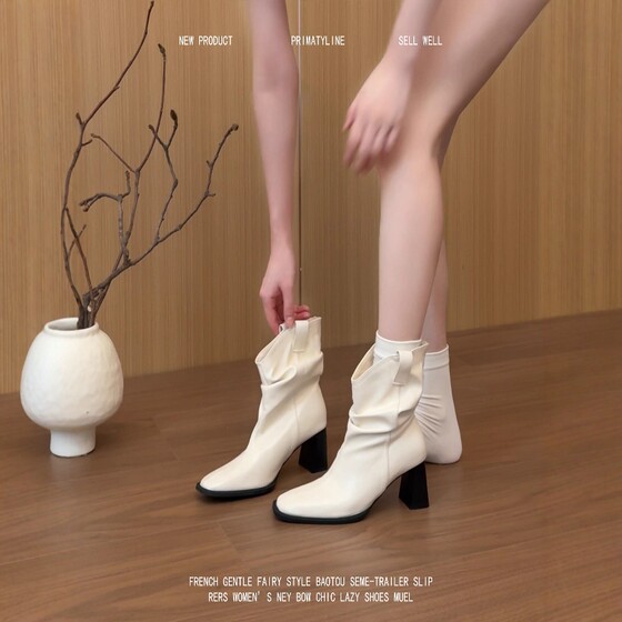 
Genuine leather thick heel short boots for women 2025 new slim pleated pile boots square toe high heel Martin boots genuine leather knight boots