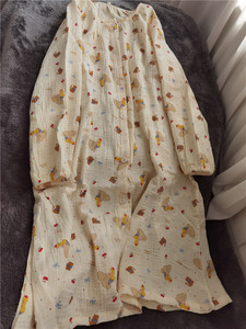 
Cute round neck long sleeves escape princess nightgown round neck cardigan long sleeve skirt spring and summer pure cotton double layer gauze