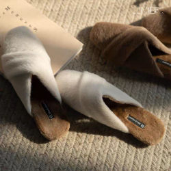 French-Style Flat Furry Slippers for Women, Suitable for Outdoor Wear in Autumn and Winter, Fashionable, Warm, Slip-On, Elegant, Half-Mule, Half-Covered Toe Slippers