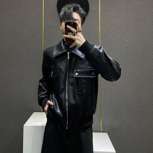 
Lulu/niche retro motorcycle style black lapel leather jacket men's short large pocket zipper jacket high-end