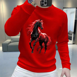 Red Sweatshirt for Men in the Year of the Horse, Trendy Printed Long-Sleeve Autumn and Winter Heavy-Duty Silver Fox Fleece Slim-Fit Top for Men