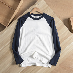 
Cotton washed brushed fabric American casual color-blocked raglan sleeves men's spring and autumn long-sleeved round neck T-shirt bottoming shirt