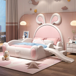 Pink Children's Bed with Rabbit Ears, Slide, and Guardrail, Light Luxury Solid Wood, Modern Minimalist Home Decor for Girls and Princesses