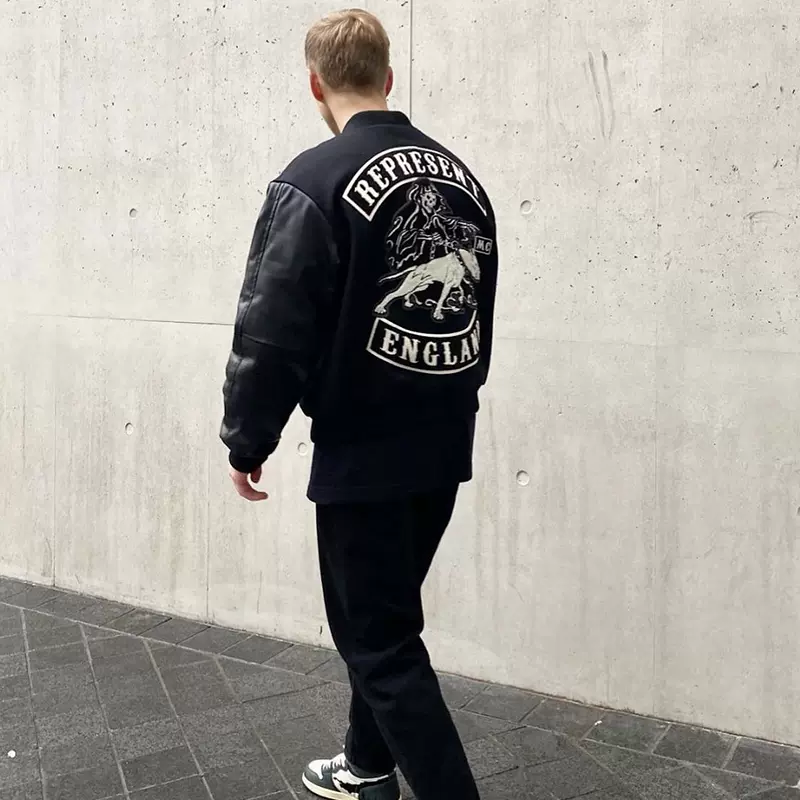 高街represent黑五限定恶犬刺绣拼接皮棉衣袖棒球服夹克