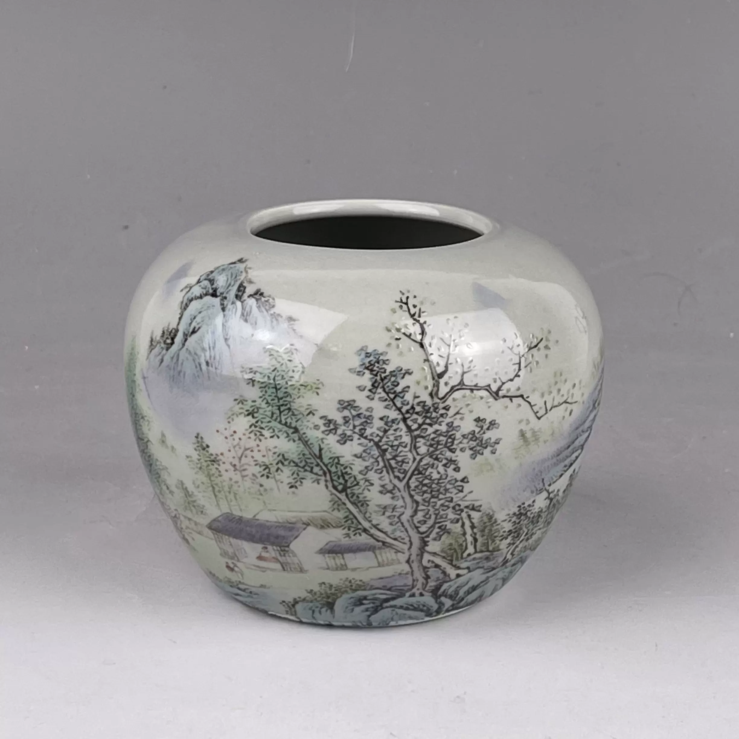 古美術• 手描粉彩山水人物水盂•【大清道光年製】在銘 • 時代物
