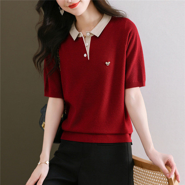 Red ice silk t-shirt women's knitted mid-sleeve top summer doll collar half-sleeved polo collar bottoming shirt fashionable spring and autumn