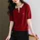 Red ice silk t-shirt women's knitted mid-sleeve top summer doll collar half-sleeved polo collar bottoming shirt fashionable spring and autumn
