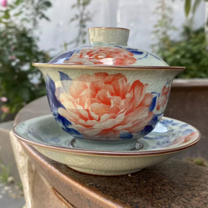 茶道具 寒牡丹 茶碗 ＆ 鋳銅蓋置 NO317 - 工芸品