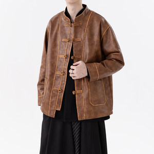 
[Light Luxury] New Chinese PU leather jacket for men's retro leather jacket for Chinese style men's Tang suit men's jacket for autumn and winter